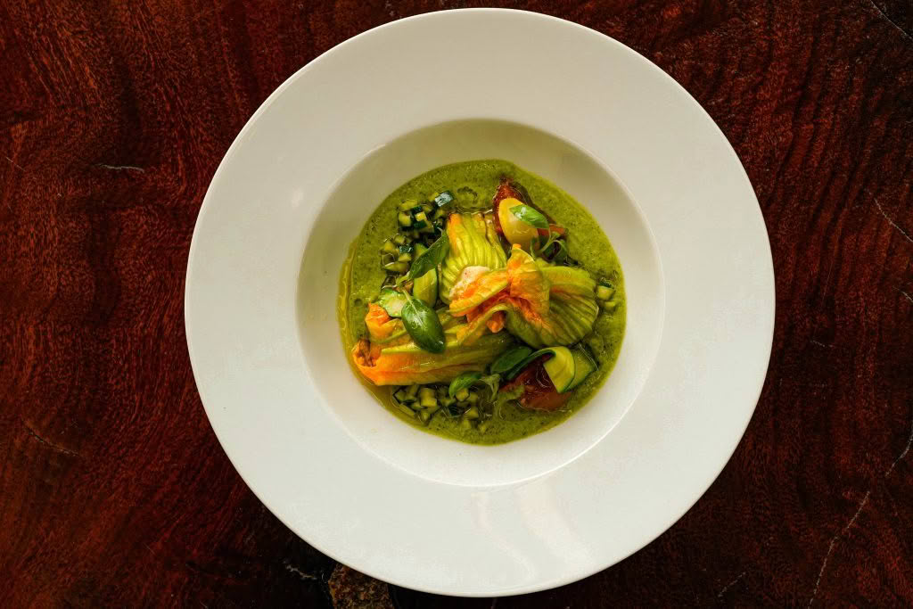 Camellia Restaurant – Courgette flowers _ fresh goat curd _ basil _ Ohaupo olive oil