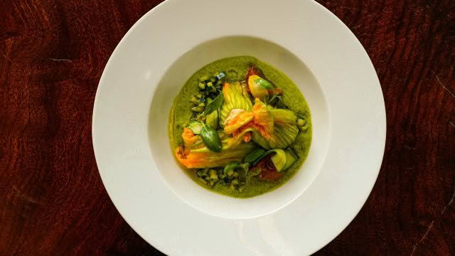Camellia Restaurant – Courgette flowers _ fresh goat curd _ basil _ Ohaupo olive oil
