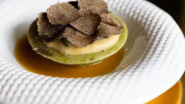 Cuisine Good Food Guide 2026 Inati to Share LAND_ Duck & truffle ravioli, pickled & fermented asparagus credit Jerome Warburton