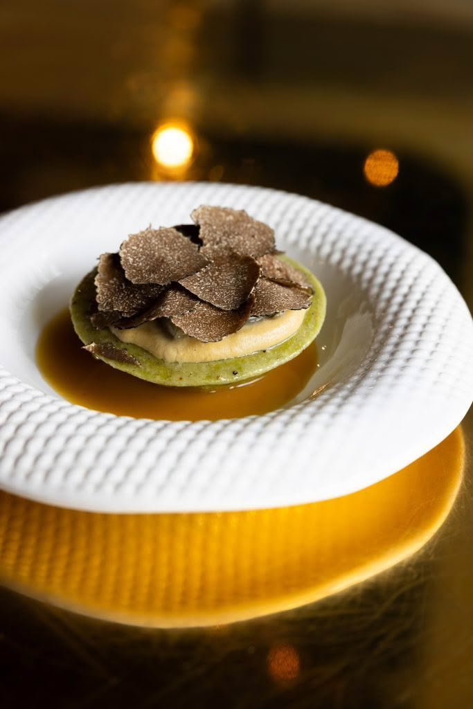Cuisine Good Food Guide 2026 Inati to Share LAND_ Duck & truffle ravioli, pickled & fermented asparagus credit Jerome Warburton