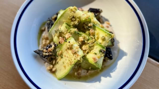 Cuisine Good Food Guide 2026 Margot COURGETTE, SUNFLOWER SEED CREAM, OLIVE SALSA, WALNUTS