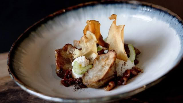 Cuisine Good Food Guide 2026 Rātā Jerusalem artichoke, goat cheese, walnut, malt+vinegar,+coffee.jpeg – Daz Caulton