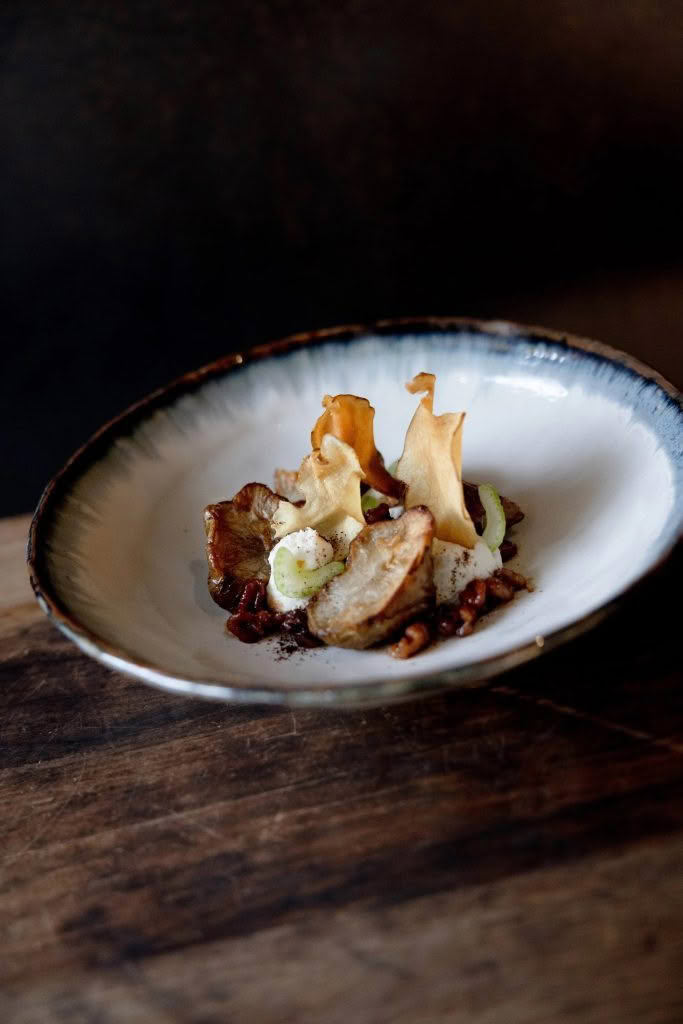 Cuisine Good Food Guide 2026 Rātā Jerusalem artichoke, goat cheese, walnut, malt+vinegar,+coffee.jpeg – Daz Caulton