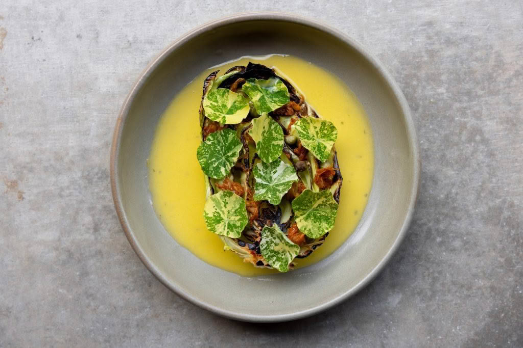 Cuisine Good Food Guide 2026 Sherwood_ RoastedConeheadCabbage,nasturtium,capers,poatatosauce_InSherwood_JonoParker_