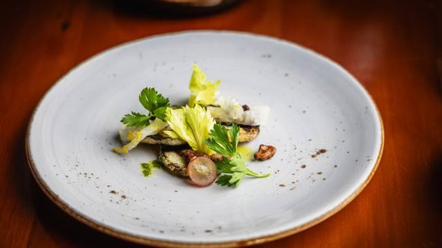 Cuisine Good Food Guide 2026 The Bistro Grilled Celeriac, Pickled Fennel, Grapes, Truffle Dressing